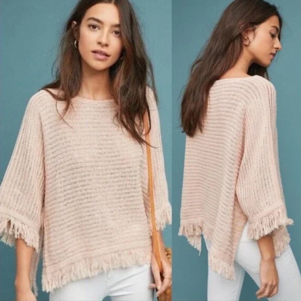 Anthropologie Pink Frenchie Fringed Poncho Sweater Linen Akemi + Kin XS